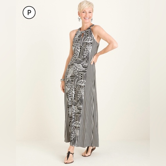 Chicos Tropical Print Flattering Stripes Halter Keyhole Tie Neck Maxi Dress 0P - Picture 1 of 15